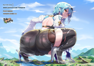 drawing giantess pussy giga color butt high_heels blue_hair castle yellow_eyes camel_toe gloves short_hair squatting clouds outdoors sky wet_pussy looking_back rear_view bare_back genshin_impact tempuru eula