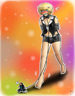 drawing blushing blonde color giant male blue_eyes clothed barefoot bondage shorts aaron no_background bare_legs mouth_gag majoumegami