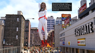 giantess city mega blonde long_hair buildings gloves looking_down clouds outdoors sky looking_at_viewer titania white_gloves redfiredog digital_render full_body_suit jackofbullets jeanette