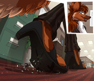drawing crush furry wolf tail anthro color long_hair destruction claws clothed high_heels jeans brunette low_angle brown_eyes smiling paws sandals office looking_down indoors desk point_of_view looking_back looking_at_tiny tirrel bullying smirking leah miniguy zakuratech tirrelous maned_wolf
