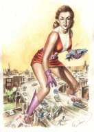 breasts drawing giantess city mega color large_breasts clothed handheld rampage skirt buildings angry brunette gloves street boots parody highway vehicles poster outdoors sky straddling costume doom_patrol belt running_away attack_of_the_50_foot_woman dc_comics bare_legs elasti-girl purple_gloves john_watson rita_farr