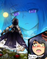 giantess giga black_hair clothed purple_eyes yellow_eyes short_hair surprised clouds flower outdoors sky looking_at_tiny genshin_impact hair_flower majoumegami baal kujou_sara