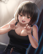 drawing color large_breasts cleavage brunette brown_eyes smiling shrunken short_hair looming minigirl shrunken_people shrunken_woman shrunken_man looking_down open_mouth indoors top looking_at_tiny looking_at_tinies miniguy kuroihassan