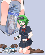 drawing nude blonde color long_hair blue_eyes clothed skirt green_eyes smiling green_hair short_hair hand minigirl shrunken_woman looking_down rings goggles bracelet no_background capsule looking_at_tiny vial inksgirls nude_tiny kappatechy pile_of_clothes