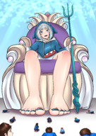 drawing giantess feet shark color blue_eyes barefoot goddess smiling sitting queen nail_polish throne hoodie worshippers bare_legs trident rarayagts gawr_gura hololive hololiveen burbmim