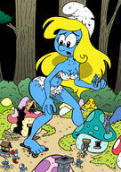 breasts drawing growth giantess blonde color large_breasts long_hair butt destruction handheld barefoot cleavage shrunken_men blue_skin parody cartoon outdoors hat smurf smurfette ripped_clothing running_away mini_skirt attack_of_the_50_foot_woman bare_legs mushrooms drsgrowth bare_midriff bare_thighs smurfs