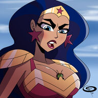 breasts drawing black_hair color large_breasts long_hair armor blue_eyes cleavage blue_hair gloves shrunken_woman dark_skin clouds outdoors sky costume wonder_woman earrings tiara helmet looking_at_tiny dc_comics between_breasts bumblebee chillguydraws dc_super_hero_girls