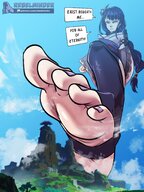 drawing giantess crush feet giga mega black_hair color long_hair toes soles angry ponytail foot_crush looking_down mountains clouds background outdoors sky under_foot nail_polish dialogue imminent_crush imminent rebelminder genshin_impact raiden_shogun