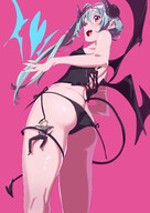 drawing small_man horns wings color blue_hair low_angle smiling short_hair thong pink_eyes demoness shrunken_man semi_nude tied_down no_background bare_legs magibellen henken_second