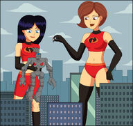 breasts drawing giantess panties city mega black_hair color large_breasts long_hair butt robot blue_eyes clothed handheld buildings brunette brown_eyes gloves short_hair boots hand shorts giantesses scientist clouds thighs outdoors sky black_gloves costume milf disney top black_boots hand_on_hips mrs._incredible the_incredibles pinched looking_at_tiny arias87 bare_legs elasti-girl pixar nightcore100 bare_midriff incredibles violet_parr