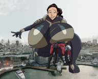breasts drawing giantess city mega color large_breasts butt armor giant handheld ocean buildings huge_breasts brunette multiple_sizes brown_eyes couple gloves boots black_gloves costume ant-man san_francisco helmet looking_at_tiny marvel_comics hope_van_dyne the_wasp clonecamando1471 giant-man scott_lang confade