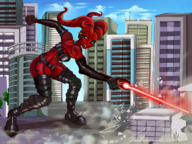 breasts drawing giantess panties city mega alien color large_breasts destruction rampage cleavage bra buildings angry yellow_eyes gloves boots star_wars tentacles clouds sky tattoo orange_eyes black_boots semi_nude red_skin lasers lightsaber sith bare_midriff darth_talon nipa101 athenawhite777 Mega Destruction lekku twilek