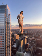 giantess crush collage feet city mega color destruction clothed buildings brunette dress short_hair hand clouds outdoors sky debris gtsproductions