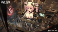 drawing giantess color large_breasts armor cleavage green_eyes high_angle pink_hair twintails game standing hangar haze/reverb