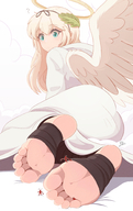 drawing giantess feet blushing wings angel blonde color long_hair butt clothed toes soles green_eyes demon heel between_toes clouds robe looking_back on_foot halo foot_wraps on_sole no_background confused on_knees stirrups ncmares yohomeboync yohomeboyraps question_mark raps laurels
