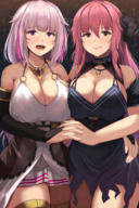 horns large_breasts cleavage playful pink_hair shrunken_man giantesses pinned dyed_hair cuddling between_breasts miniguy kureha_kanzaki