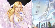 drawing giantess blushing earth wings blonde color goddess gloves kissing clouds necklace earrings winking cosmic_giantess picojin nikkiscutefeet face_in_the_sky