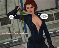 breasts clothed handheld cleavage green_eyes domination red_hair muscles avengers belt jumpsuit zipper hulk body_suit black_widow digital_render marvel_comics erodreams