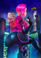 drawing city color butt destruction clothed high_heels buildings pink_hair sitting pink_eyes falling pink_nails outdoors jacket looking_back commission hanging_on skintight_clothing cracked_wall micwhyss neon cyberpunk hair_streak commandthrower