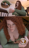 large_breasts long_hair cleavage huge_breasts breast_crush red_hair minigirl shrunken_woman pinned freckles orange_hair under_breasts boomgts curly