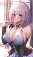 gentle white_hair cleavage huge_breasts dress shrunken_man dangle between_fingers necklace miniguy otgjhkmpjptifvo