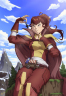 drawing giantess color long_hair clothed fantasy handheld red_hair sitting dangle leaning outdoors between_fingers cape commission anna cliff fire_emblem looking_at_tiny zerohour99 carriage anna_(fire_emblem) akslap