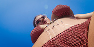 bikini giantess large_breasts low_angle airplane unaware sunglasses standing outdoors sky sunny digital_render bare_midriff render-farmer out_of_frame