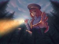 drawing giantess color blue_eyes clothed skirt low_angle red_hair short_hair squatting reaching forest clouds outdoors sky hat red_nails trees looking_at_viewer flashlight ulyana everlasting_summer redgras
