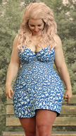 collage blonde large_breasts cleavage smiling dress shrunken_man looking_down breast_play outdoors thick_thighs looking_at_tiny digital_render galiagan cleavage_ride