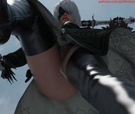 white_hair panties upskirt butt clothed sword shrinking low_angle dress short_hair boots falling thighs white_panties digital_render nier_automata 2b 9s gtsfantasy