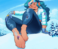 drawing gentle giantess color long_hair clothed toes barefoot blue_hair gloves sitting mountains snow clouds outdoors sky jacket earrings on_foot trees commission skiing on_leg looking_at_tiny snowboarding spittyart hand_on_knee arctic_giantess