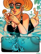 drawing nipples color large_breasts swimsuit clothed beach cleavage water glasses lying_down areola shrunken_man drinking outdoors hat earrings cutaway clothing_entrapment between_breasts spittyart