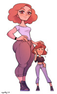 giantess mini_giantess lesbians thick_thighs hand_on_head spittyart
