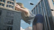 giantess city blonde long_hair buildings low_angle elf shorts leaning pointed_ears digital_render baggy_clothes explicitharu