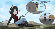 drawing gentle giantess furry cat anthro vixen color clothed fox multiple_sizes boots sitting fur heart goat mountains necklace dialogue on_finger hair_streak plateau jarethnerl guziec_pl