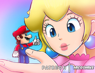 drawing gentle blonde color blue_eyes clothed handheld mario princess_peach super_mario_bros earrings thumb looking_at_tiny micromike brooch