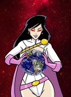 breasts drawing giantess earth giga space black_hair color long_hair destruction handheld cleavage red_eyes gloves cruel hand_crush thighs costume lois_lane cape earrings belt leotard inspector97 dc_comics cosmic_giantess bare_legs fusion power_girl