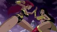 breasts drawing giantess panties giga mega black_hair color long_hair armor blue_eyes cleavage skirt giganta red_hair ponytail boots fighting mountains giantesses night outdoors fist sky wonder_woman earrings top ripped_clothing leotard black_boots bracelet tiara temple dc_comics mount_olympus thedaibijin bare_legs bare_midriff fusion earthbreaker bare_thighs wonder_giganta