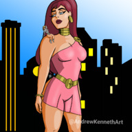 breasts drawing giantess city mega blonde color blue_eyes cleavage skirt buildings giganta gloves red_hair ponytail boots costume earrings belt leotard power_girl on_shoulder looking_at_tiny dc_comics bare_legs andrewkennethart galatea