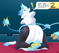 drawing blushing tail anthro color butt toes barefoot soles climbing blue_hair yellow_eyes paws shrunken_people thighs looking_back on_foot dialogue paw_pads on_sole on_butt on_shoulder on_knees stirrups looking_at_tinies nauartn on_paw tasque_manager deltarune spamton ralsei floating_limbs