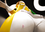 butt climbing low_angle looming unaware shrunken_woman indoors commission jetslasher on_butt digital_render power_rangers skintight_clothing pink_ranger yellow_ranger