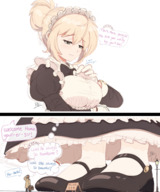 drawing gentle giantess size_difference blonde color large_breasts clothed green_eyes shoes stockings low_angle gloves dress short_hair looming looking_down maid_uniform apron dialogue mary_janes no_background lamppost looking_at_tiny petting on_breasts thought_bubble hair_bun bonnet cuffs ncmares yohomeboync yohomeboyraps raps breast_held arm_under_breasts tear_eyes