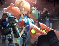 drawing giantess blonde color large_breasts long_hair armor mecha clothed samus_aran ponytail sitting zero_suit metroid thighs closed_eyes zero_suit_samus power_suit varia_suit skintight_clothing gonzarez1938 beauty_mark metroid_prime_federation_force galactic_federation