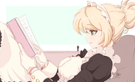 drawing gentle giantess blushing size_difference blonde color large_breasts clothed green_eyes gloves dress lying_down short_hair open_mouth maid_uniform apron book reading no_background on_breasts hair_bun bonnet cuffs ncmares yohomeboync yohomeboyraps raps breast_held butler