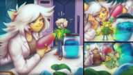 drawing white_hair micro cat anthro color long_hair clothed shrinking grinning table scientist indoors shrink_gun frog looking_at_tiny hand_on_head labcoat miniguy dungionbeast intonyeon