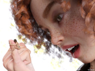 gentle handheld barefoot green_eyes red_hair redhead shrunken_man looking_down freckles orange_hair clinging digital_render up_close vorifax
