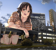 drawing gentle giantess city color large_breasts clothed cleavage buildings green_eyes brunette smiling sitting open_mouth leaning outdoors overpass bare_thighs まるめら豆腐