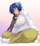 drawing gentle blushing size_difference color large_breasts clothed blue_hair ribbon teston mini_giantess sitting kissing lap orange_eyes legs_crossed breast_press no_background nisekoi tsugumi_seishiro ribbon_in_hair