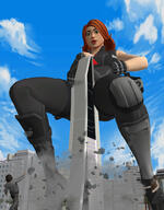 breasts giantess city mega long_hair destruction cleavage gun buildings green_eyes gloves red_hair boots squatting foot_crush avengers costume catsuit jumpsuit looking_at_tiny black_widow digital_render marvel_comics roodedude