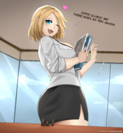 drawing gentle blonde color large_breasts butt blue_eyes clothed skirt smiling short_hair office heart humor shrunken_man pink_nails thighs indoors dialogue office_lady windows winking bare_legs ncmares yohomeboync yohomeboyraps raps daichi777 tsumi_umi self-referential